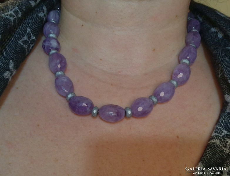 Wonderful fantasy amethyst-hematite gemstone chakra necklace new