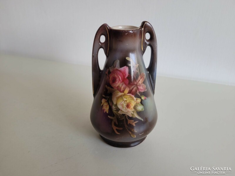 Old antique majolica vase with rose pattern, art nouveau vase