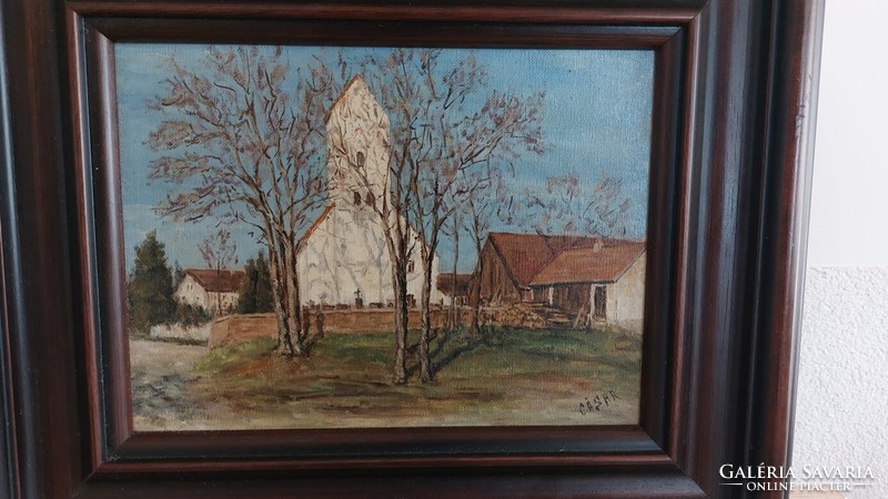 (K) Kis falusi templom festmény 38x32 cm kerettel