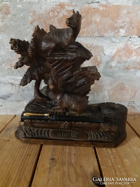 Carved wooden inkwell for hunters