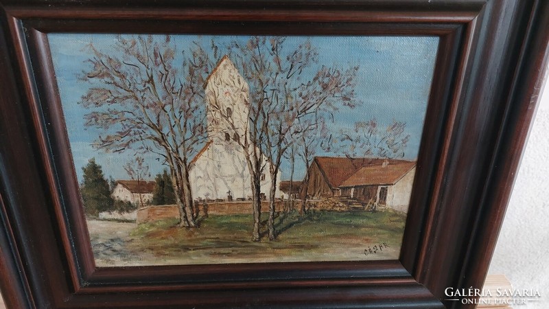(K) Kis falusi templom festmény 38x32 cm kerettel