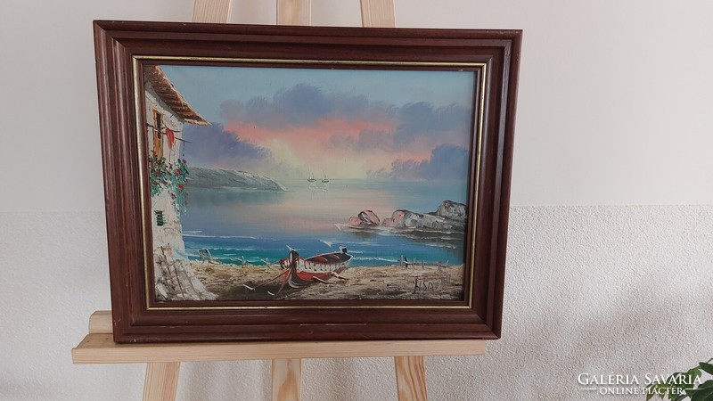 (K) Gyönyörű mediterrán festmény, tenger, kikötő 48x38 cm kerettel