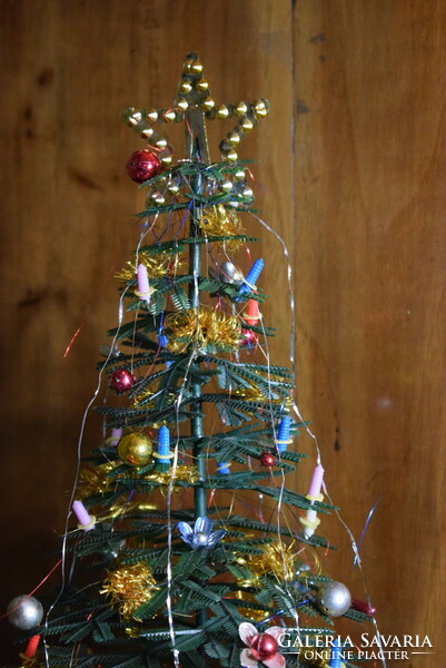 Old retro Christmas tree decorated with mini ornaments mini artificial pine 41 x 26 cm