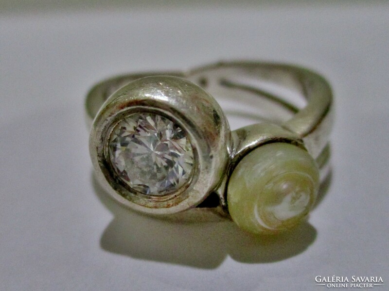 Beautiful old handmade silver ring with pearls and cubic zirconia