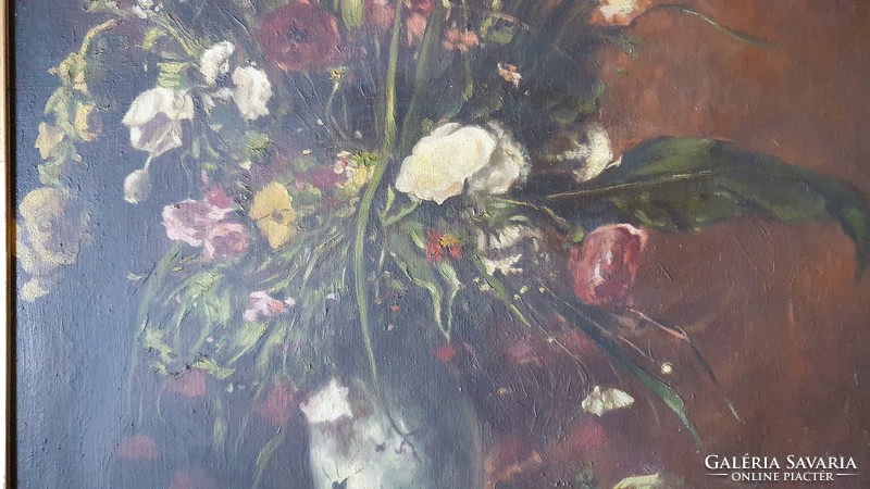 Munkácsy Mihály által festett, virágcsendélet másolata. Szignó nélküli olajfestmény. 50x 60cm.