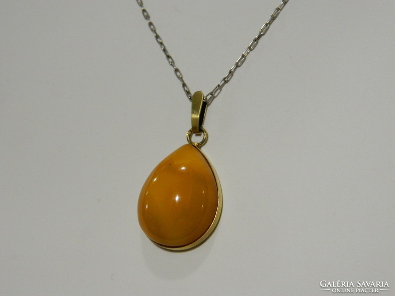 8K gold-plated silver necklace with real amber pendant