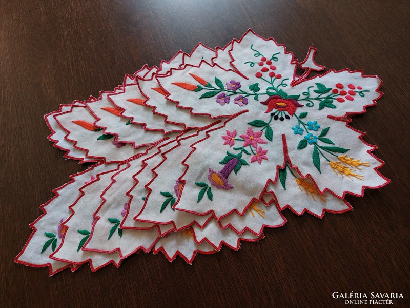 Old Kalocsa embroidered small tablecloth in the shape of a leaf