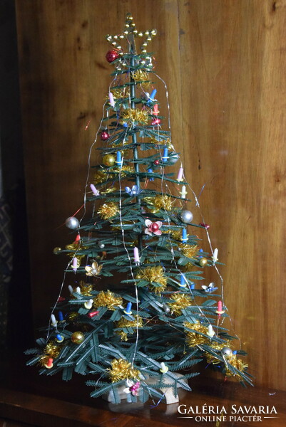 Old retro Christmas tree decorated with mini ornaments mini artificial pine 41 x 26 cm