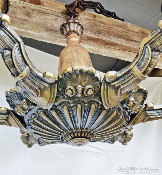 6-branch, old, copper chandelier, flawless, old, with glass shades.