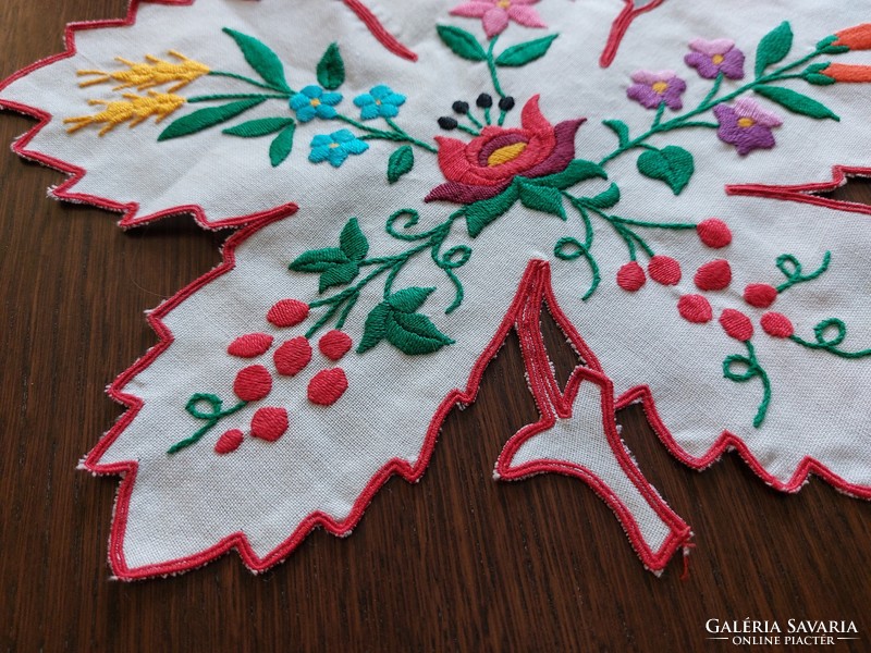 Old Kalocsa embroidered small tablecloth in the shape of a leaf