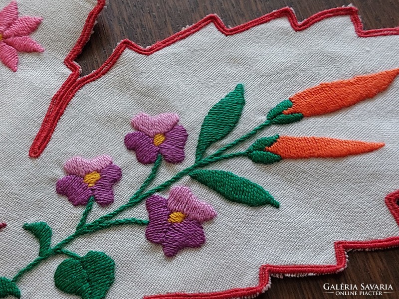 Old Kalocsa embroidered small tablecloth in the shape of a leaf