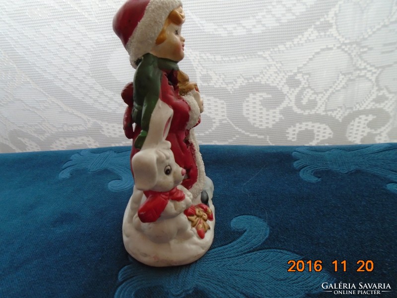 Hand-painted little girl in Santa's hat with candle and dog Christmas biscuit porcelain candlestick