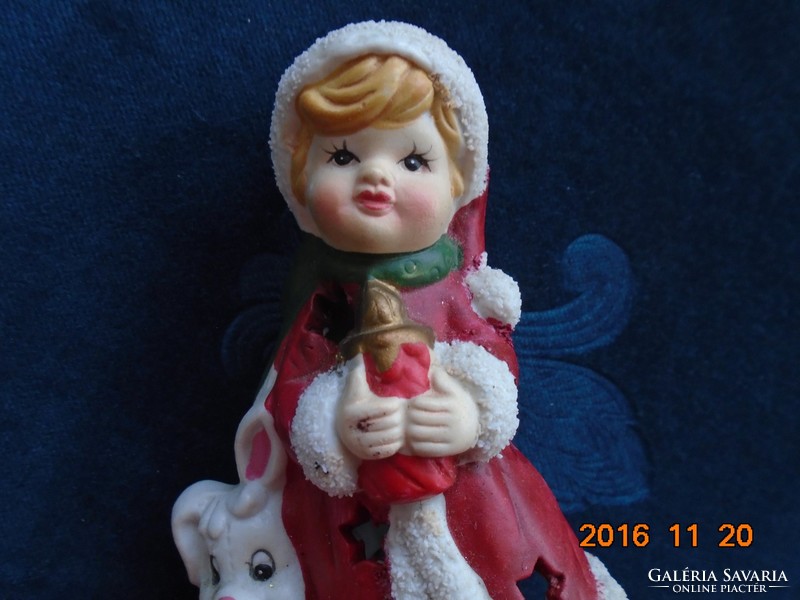 Kézzel festett Télapó sapkás kislány gyertyával és kutyával Karácsonyi biszkvit porcelán mécsestartó