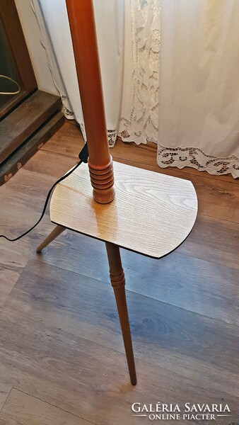 Retro, 3-legged old wooden floor lamp with storage table.