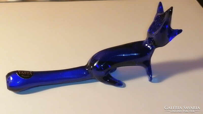 Nagy méretű, kék üveg art deco róka figura