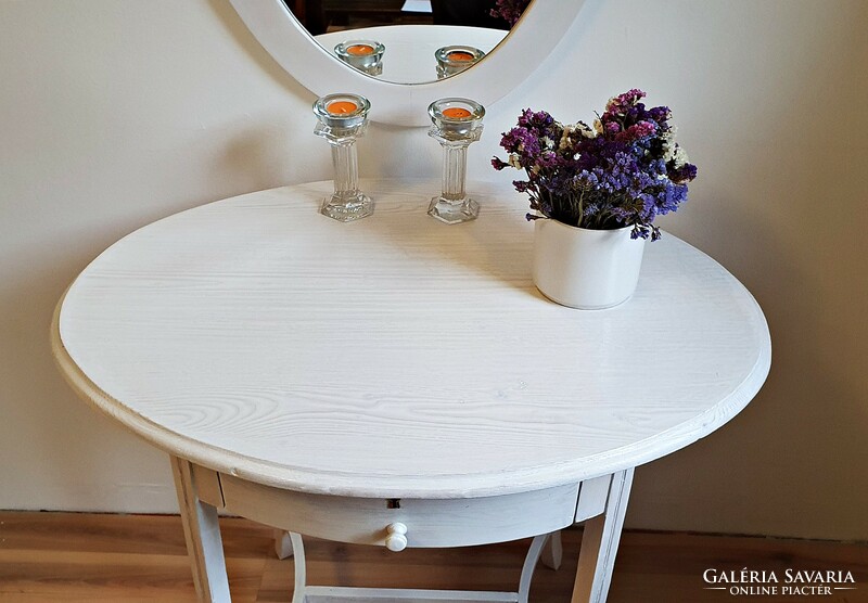 Antique, oval-shaped, white, storage table with drawers, dressing and make-up table, salon table.