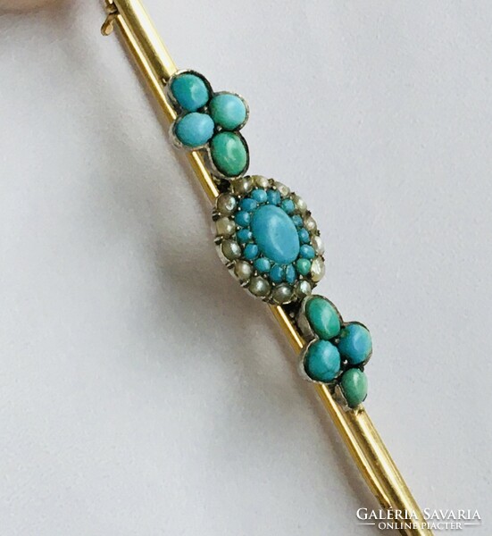 Antique gold brooch turquoise pearl xix. Century Hungarian fox hallmark