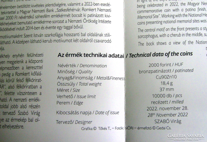 2022 - Székesfehérvár, Romkert, 2000 Ft - Nemzeti Emlékhely 9. - bronzpatinázott + ismertető