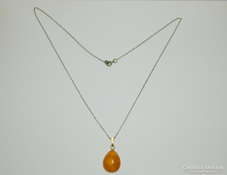 8K gold-plated silver necklace with real amber pendant