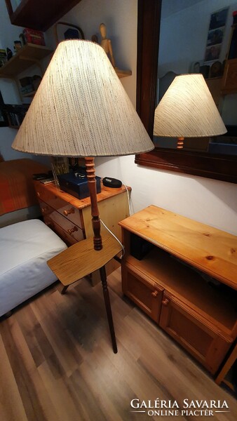 Landlord floor lamp. Old, retro. Made of wood, flawless, wonderful, with a large, old textile umbrella.
