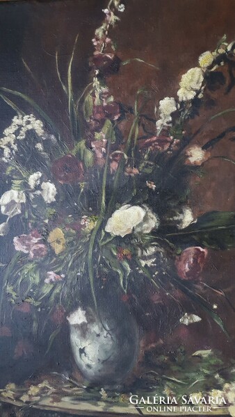 Munkácsy Mihály által festett, virágcsendélet másolata. Szignó nélküli olajfestmény. 50x 60cm.