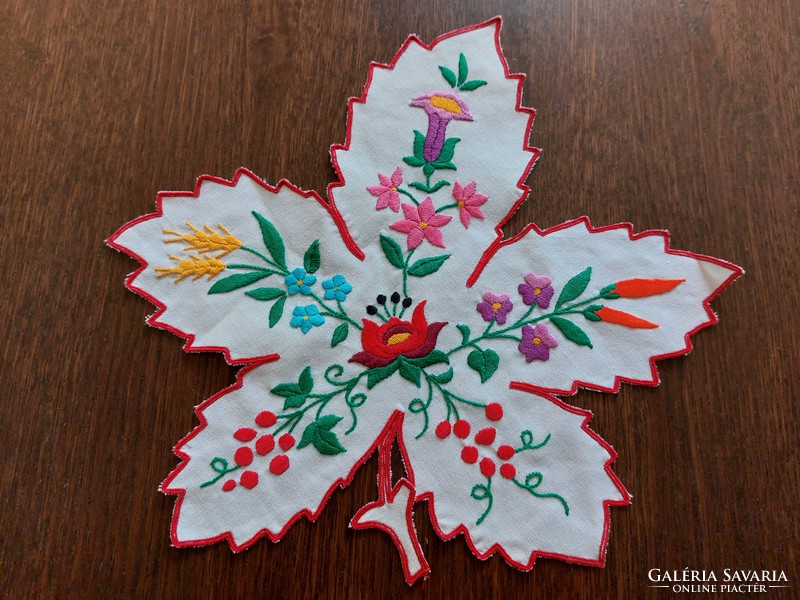 Old Kalocsa embroidered small tablecloth in the shape of a leaf