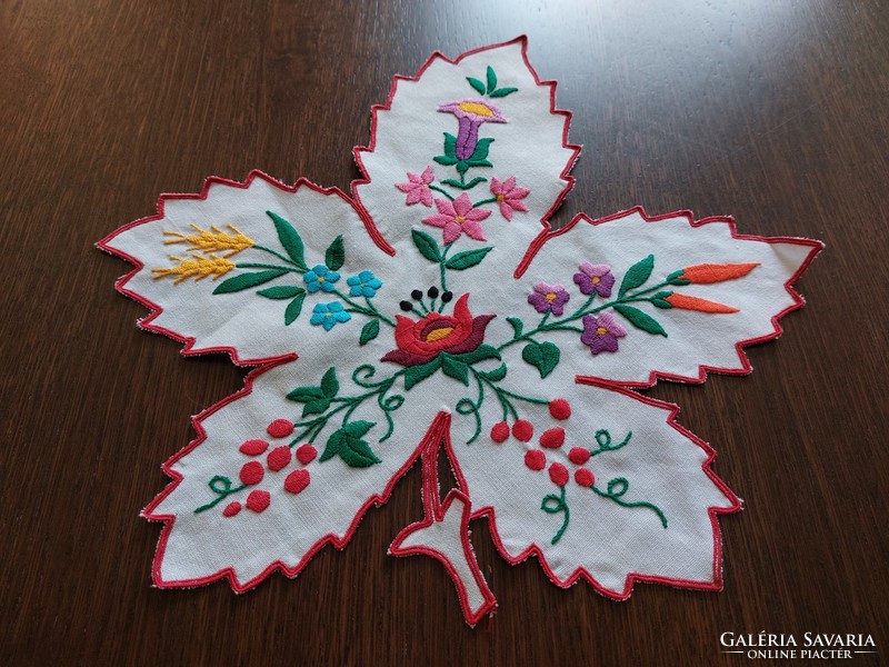Old Kalocsa embroidered small tablecloth in the shape of a leaf
