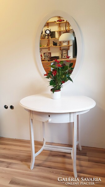Antique, oval-shaped, white, storage table with drawers, dressing and make-up table, salon table.