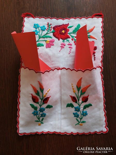 Old Kalocsa embroidered pocket wall holder folk comb holder