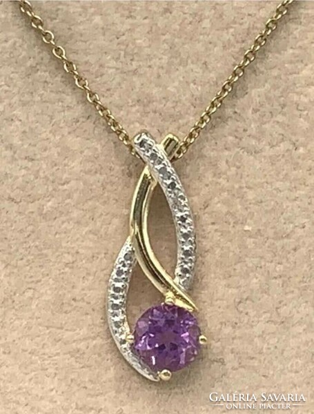 Mesès amethyst and diamond gemstone pendant, 14k gold-plated, marked 925