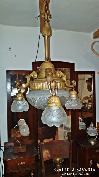 120 years old, old, 4-burner, antique, copper chandelier. 3 Pcs. Polished, bell, with crystal dome, large middle one.
