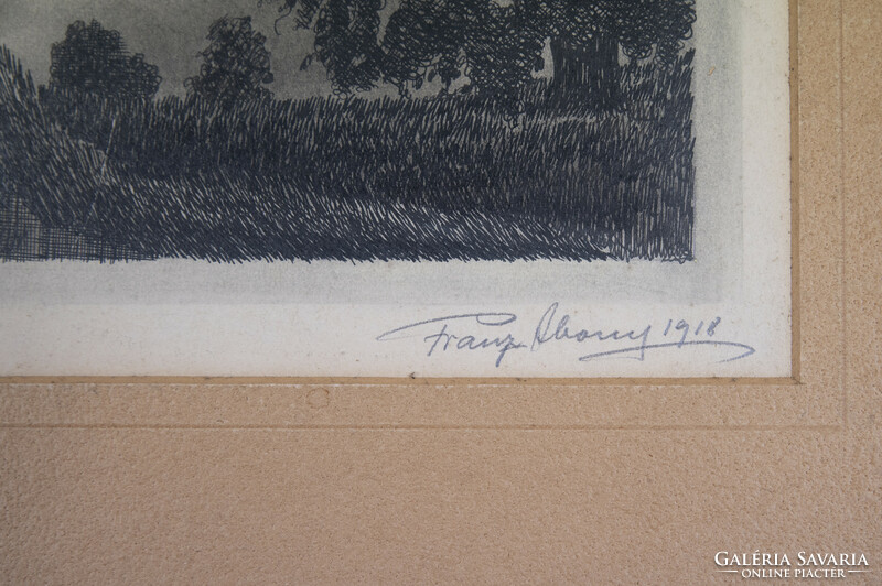 Franz Abony 1918 : Tájkép fákkal, rézkarc, papír, jelzett, 22×28 cm