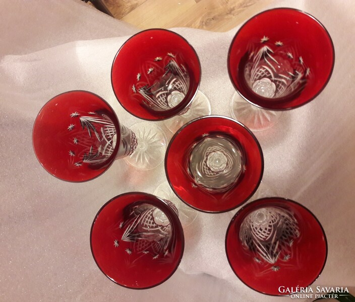 Hatalmas 6 személyes Waterford ír bordó rubinpácos karácsonyi pezsgős kristály pohár kehely készlet