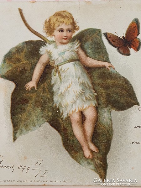Old postcard 1899 postcard little girl butterfly amber leaf