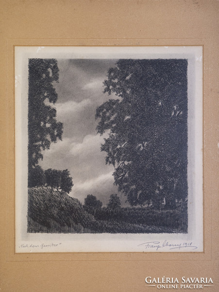 Franz abony 1918: landscape with trees, etching, paper, marked, 22×28 cm