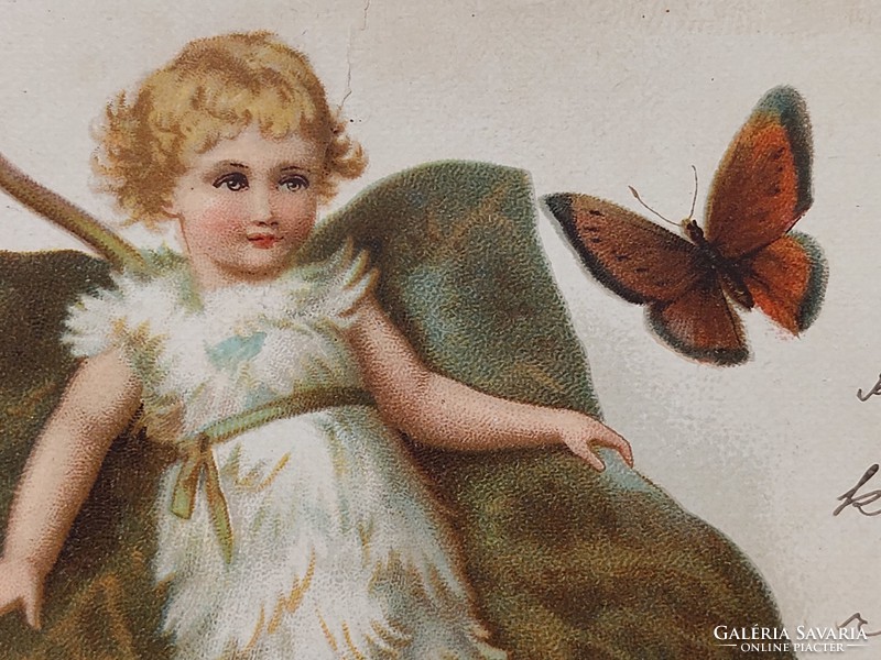 Régi képeslap 1899 levelezőlap kislány pillangó borostyánlevél