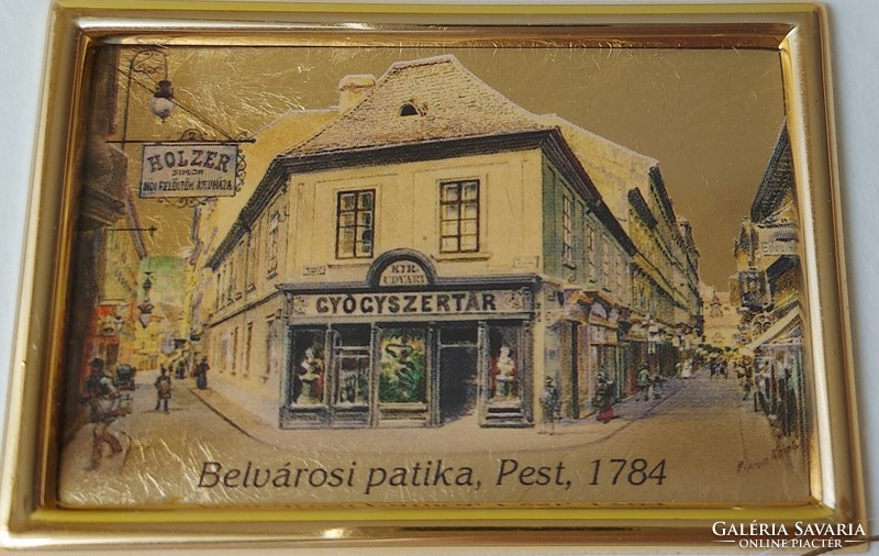 Miniature gold picture, wall picture printed on a gilded plate - street view of Pest 1784