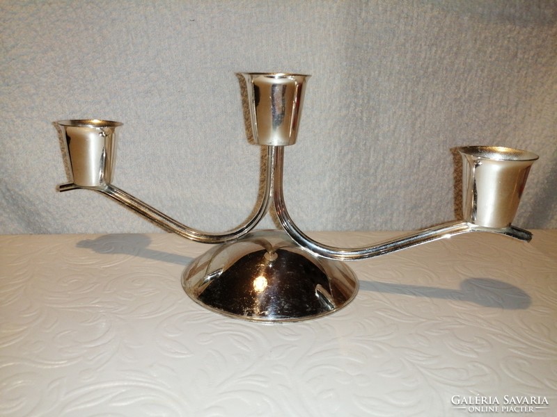 Elegant, silver-colored, metal, 3-branch table candle holder, decoration.