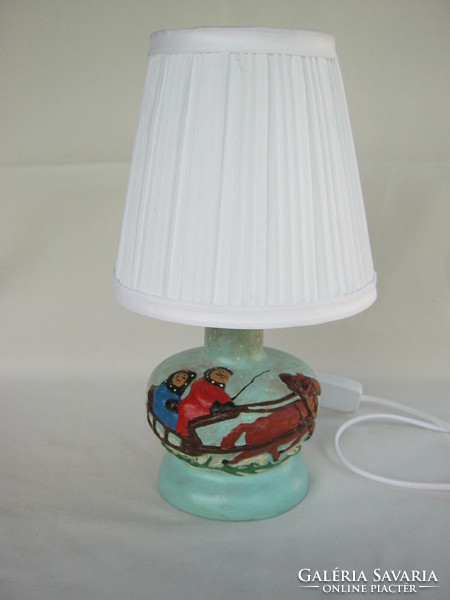 Retro ... Dr. Rank Hungarian applied art ceramic lamp with a winter scene on a pine sled