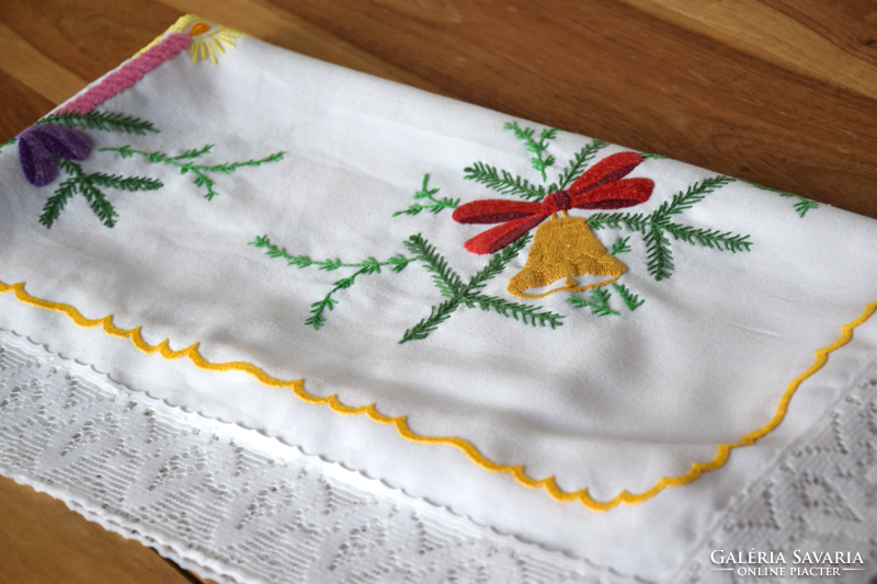 Festive embroidered Christmas tablecloth table center bell candle pattern 101 x 97