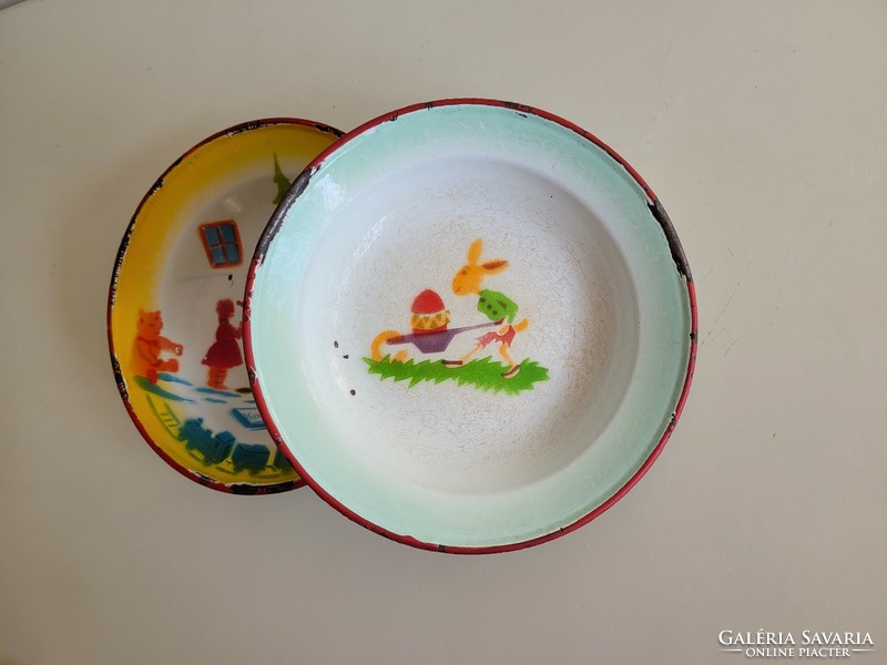 Régi vintage 3 db zománcozott gyerektányér húsvéti nyuszi karácsonyi mintás zománc tányér Lampart