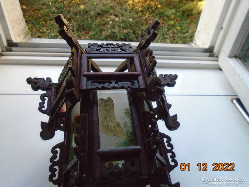 19th Chinese carved lantern with dragon heads and hand-painted glass panels with landscapes