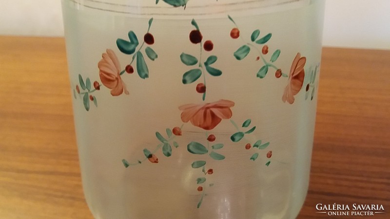 Régi huta üveg nagyméretű kancsó festett rózsás szecessziós üvegkancsó 25 cm