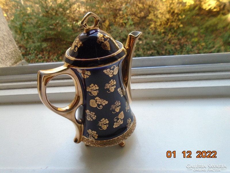 Altwien cobalt gold coffee pourer on 4 legs, hinged scene, gold stylized grape pattern