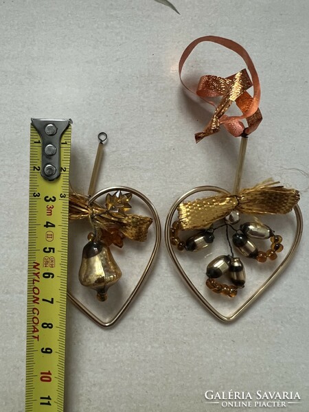 Two old tapestry glass heart Christmas tree ornaments