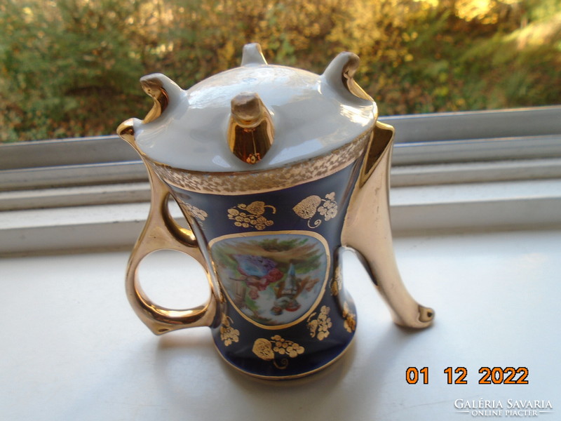 Altwien cobalt gold coffee pourer on 4 legs, hinged scene, gold stylized grape pattern