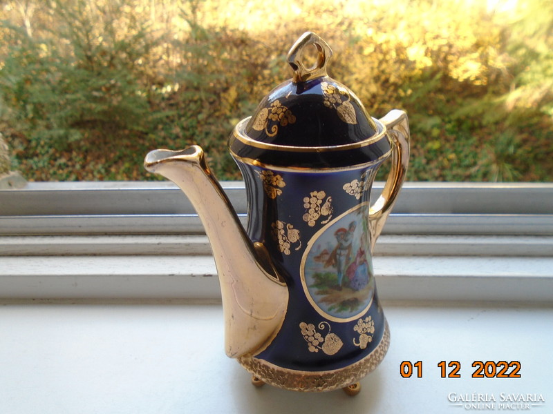 Altwien cobalt gold coffee pourer on 4 legs, hinged scene, gold stylized grape pattern