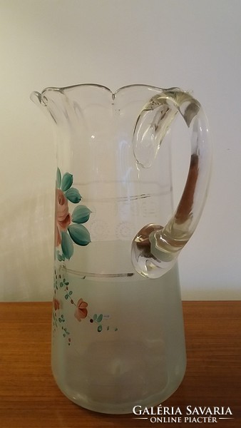 Old huta glass large jug painted rose art nouveau glass jug 25 cm