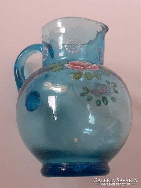 Old blue huta glass painted pink small jug broken glass 12 cm damaged