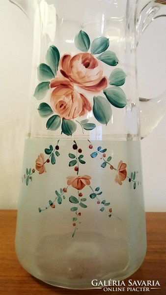 Régi huta üveg nagyméretű kancsó festett rózsás szecessziós üvegkancsó 25 cm